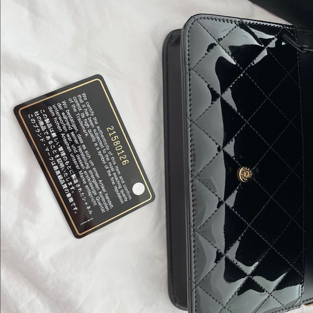 •SOLD to Fashionphile• CHANEL Patent Boy Wallet On Chain WOC Black - Picture 13 of 16